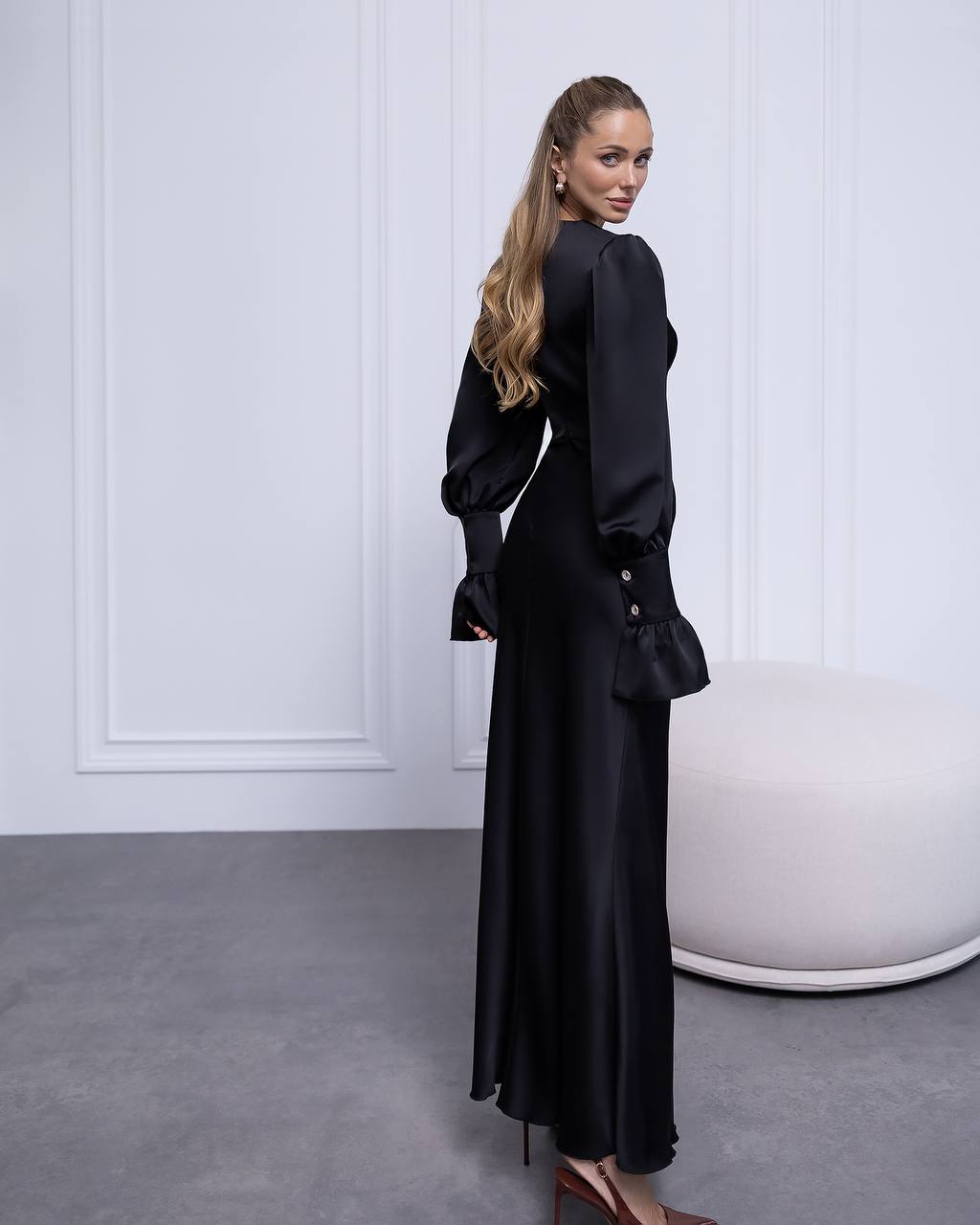 Evening Black Maxi Satin Dress with Long Sleeve