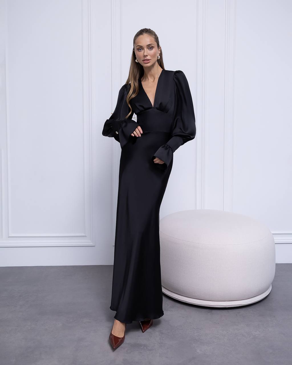 Evening Black Maxi Satin Dress with Long Sleeve
