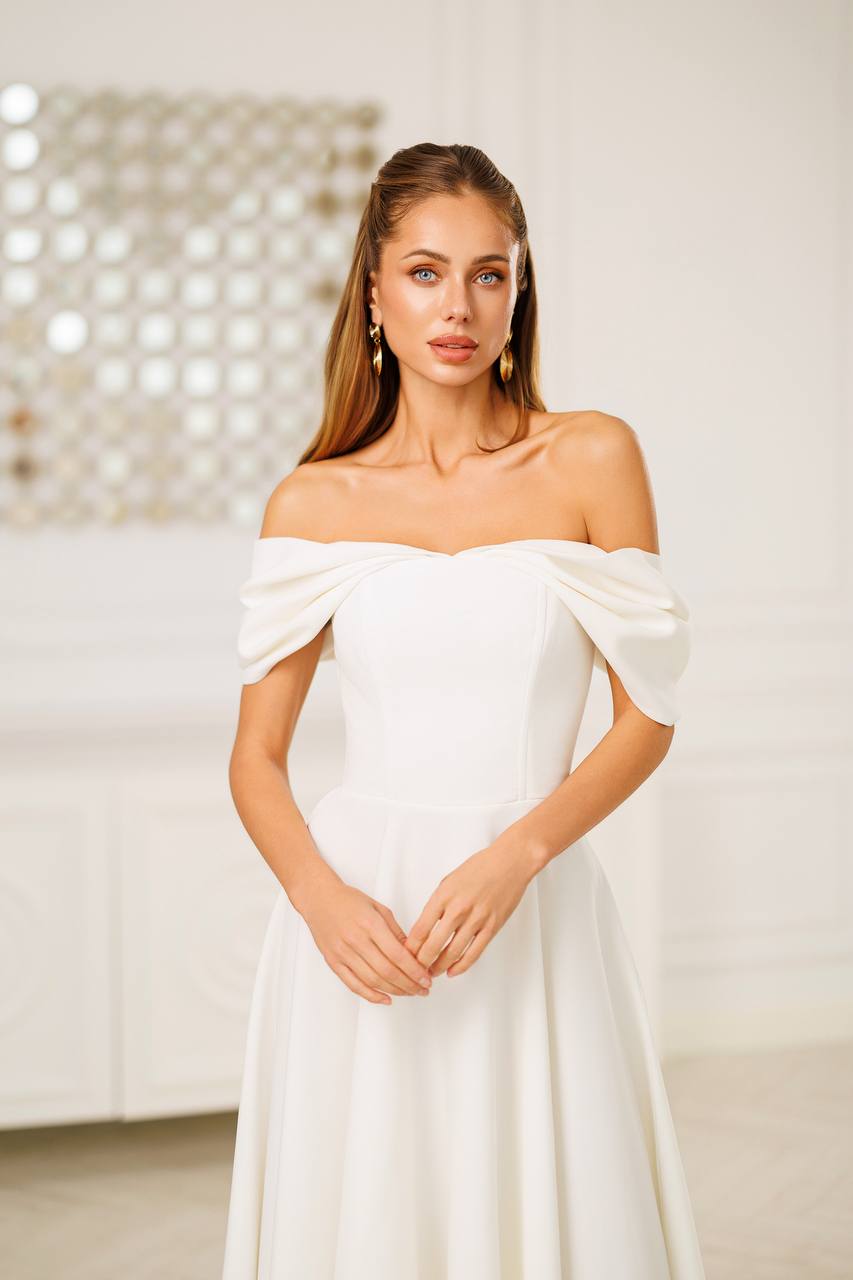 White Off Shoulder Tea Length Dress