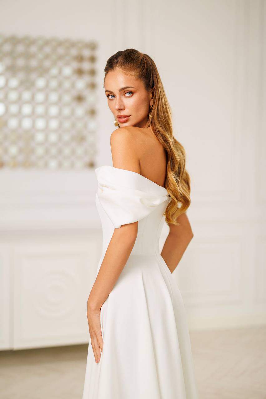White Off Shoulder Tea Length Dress