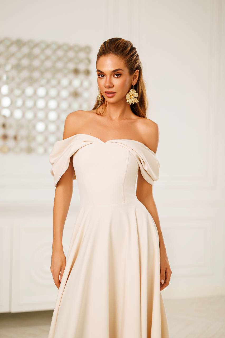 White Off Shoulder Tea Length Dress