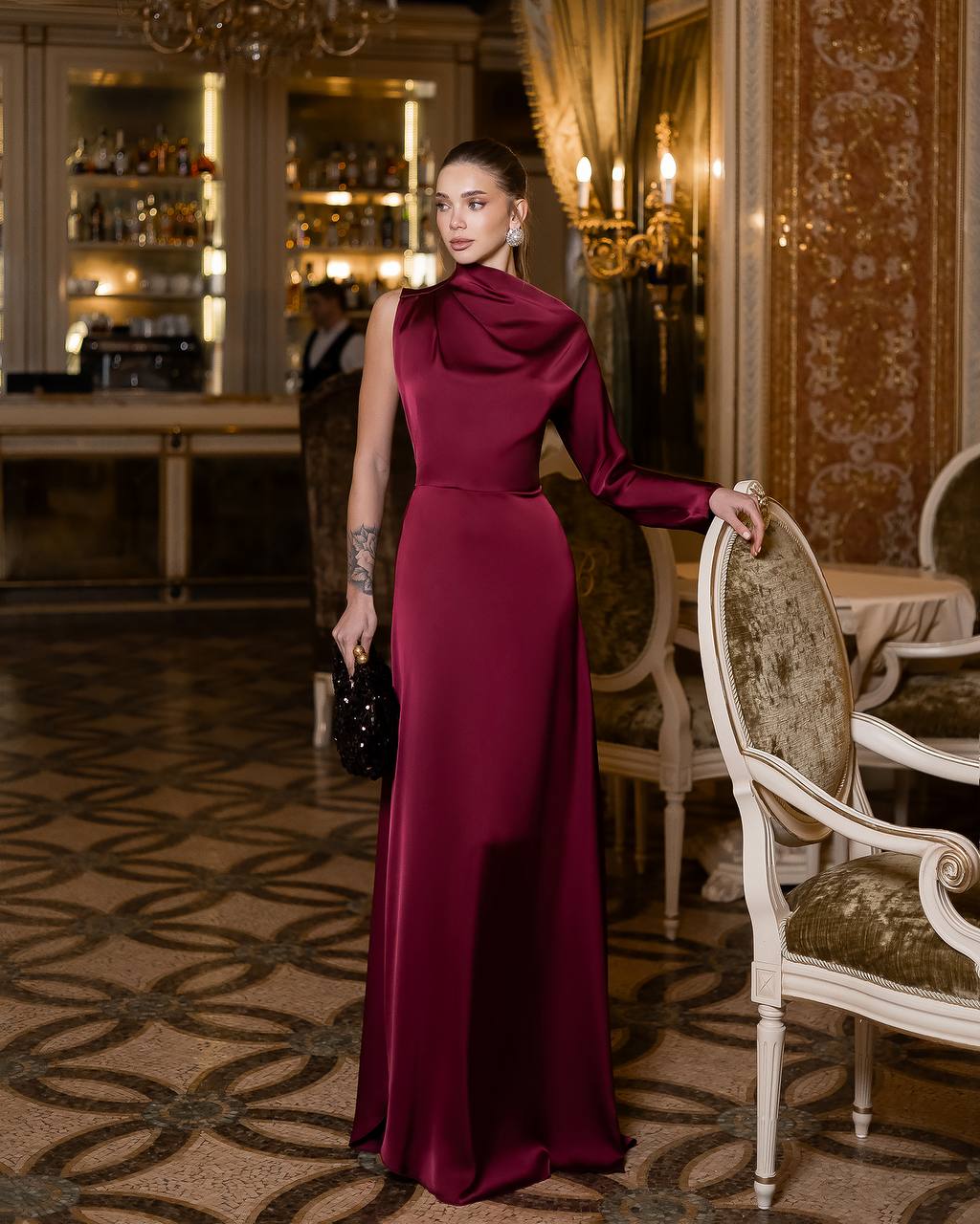 Red Wine Satin Bridesmaid Maxi  Dress