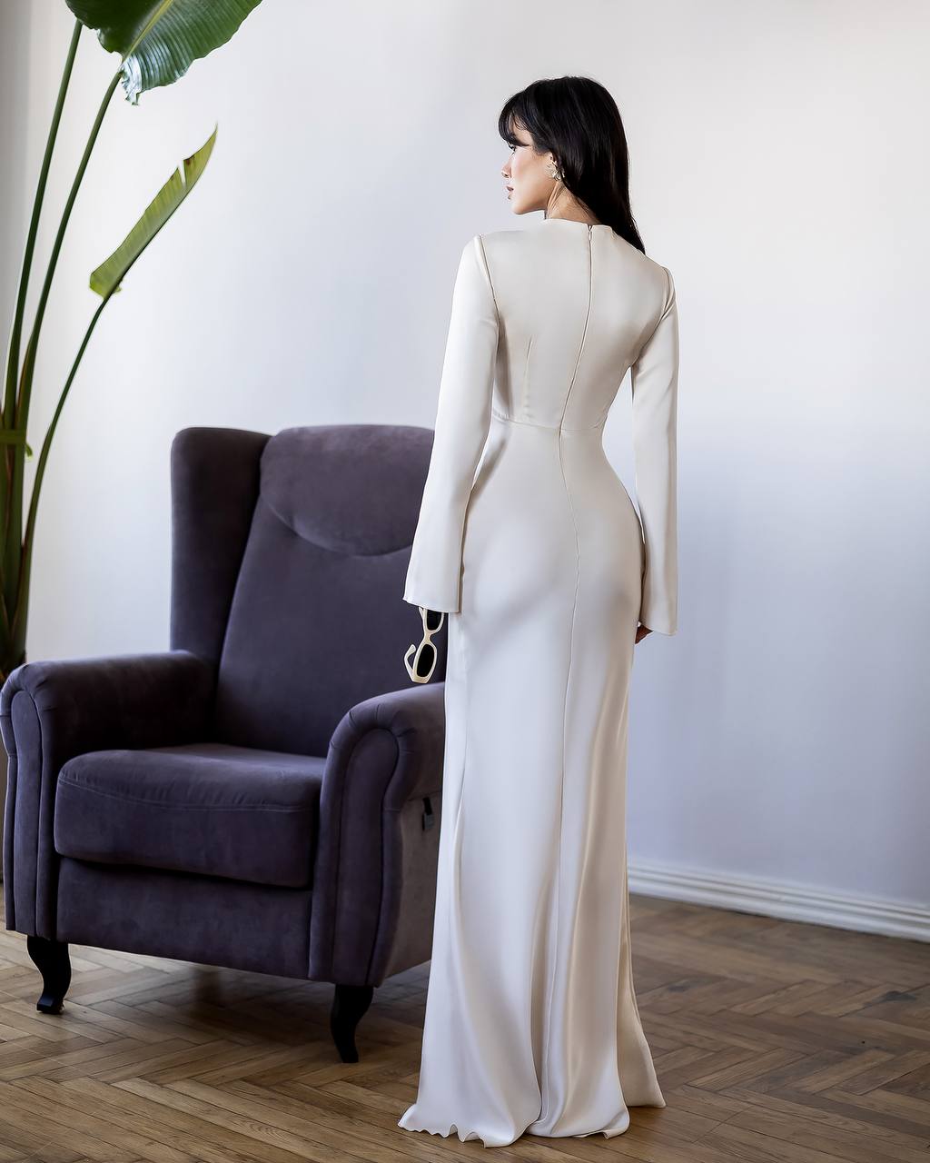 Ivory Long Sleeve Twist Front Cut Out Maxi Dress