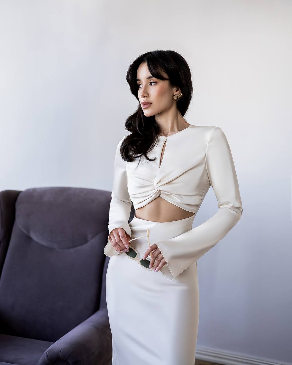 Ivory Long Sleeve Twist Front Cut Out Maxi Dress