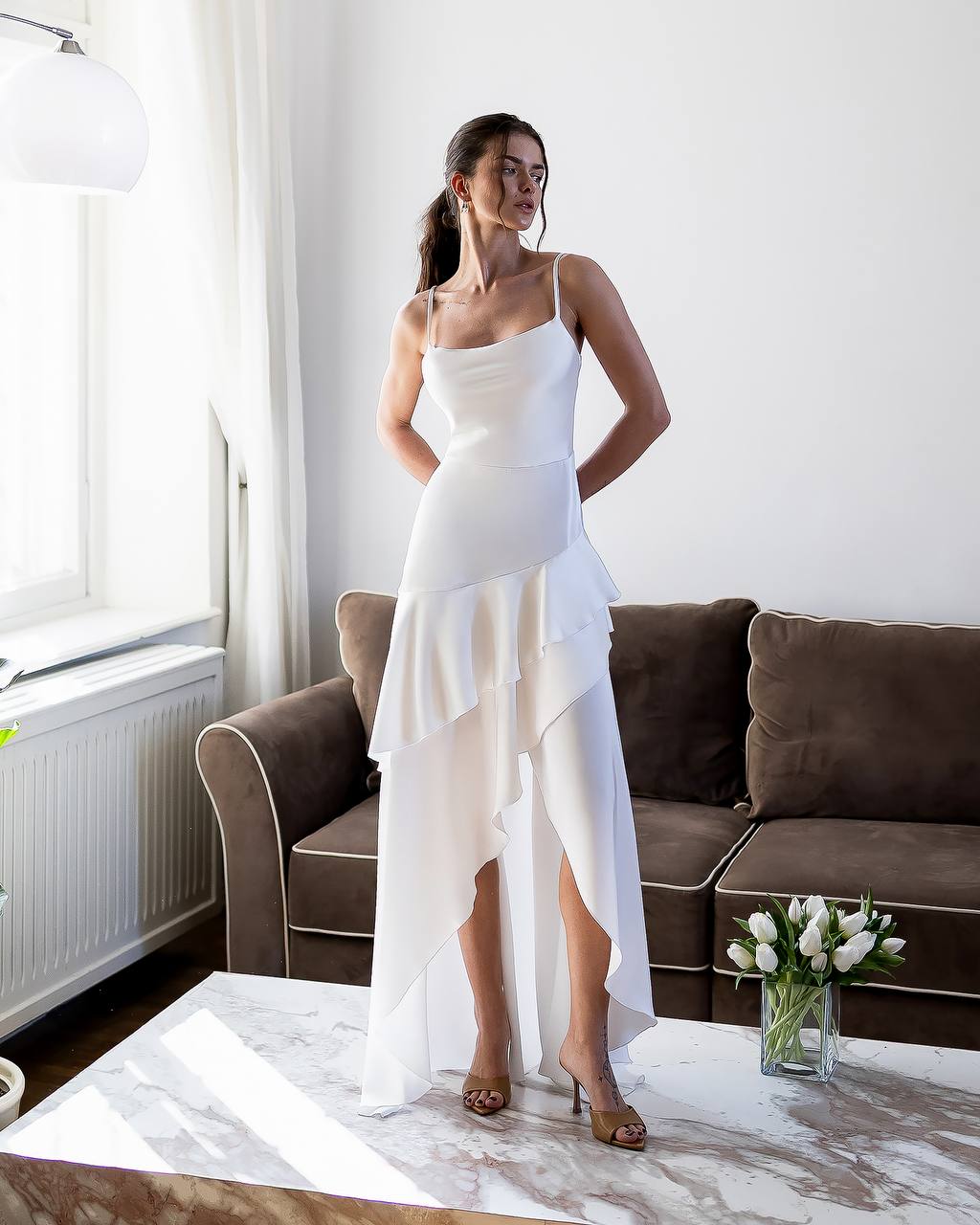cowl neck ruffle maxi dress White Wedding Cowl Neck Maxi Dress With Ruffle Details White / S