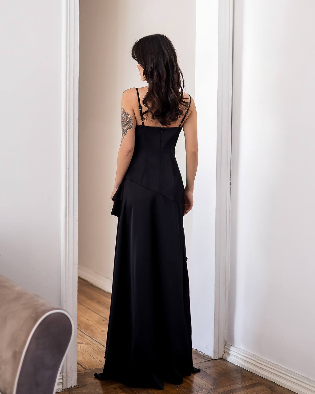 Cowl Neck Maxi Dress Asymmetrical Ruffle Hem