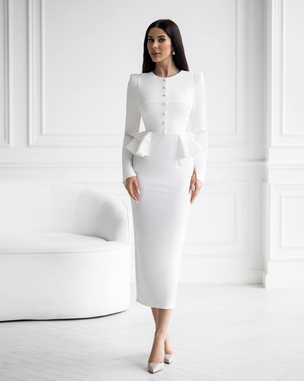 White Long Sleeve Wedding Dress with Ruffle Waist Details