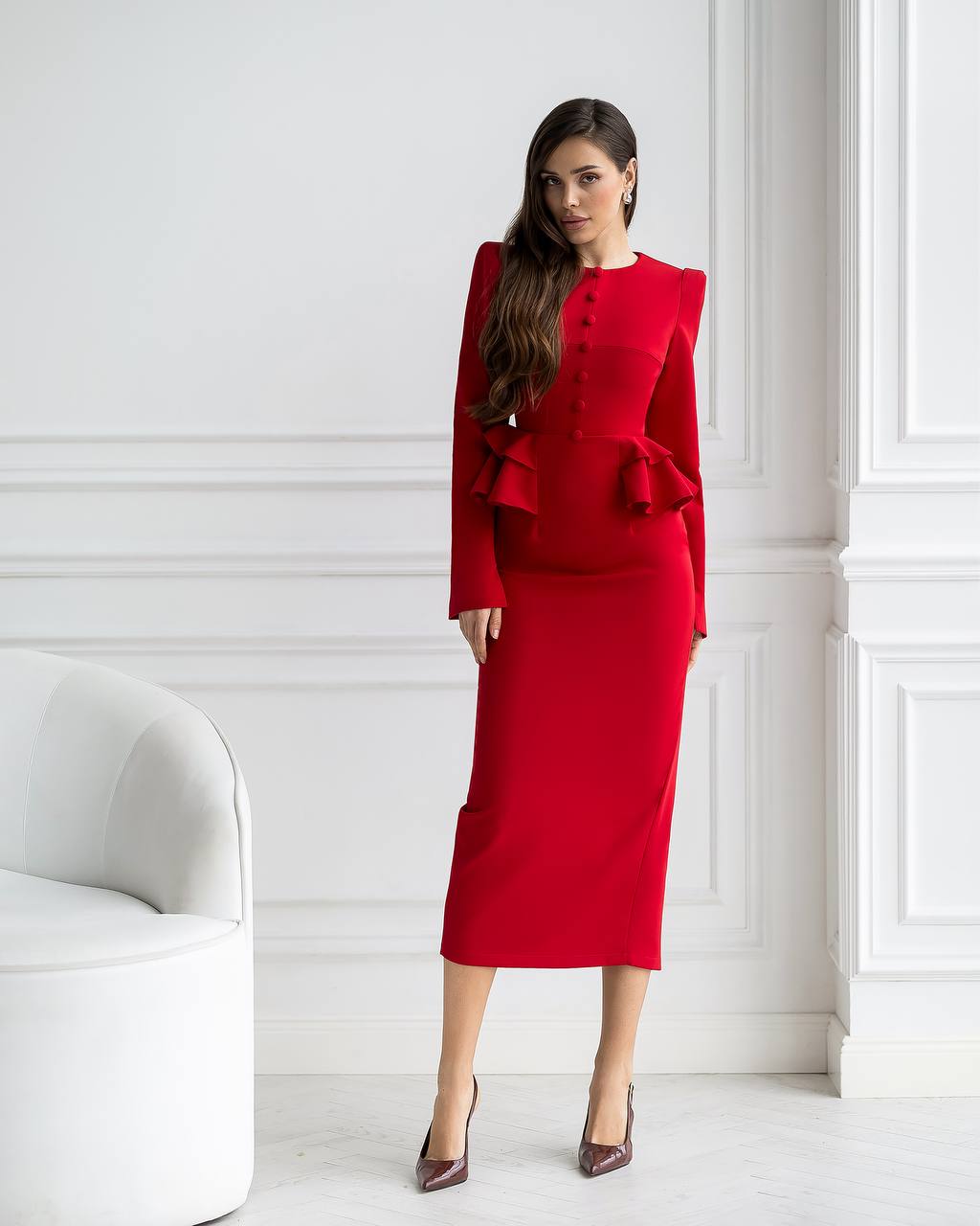 Emerald Long Sleeve Maxi Dress with Ruffle Waist Details