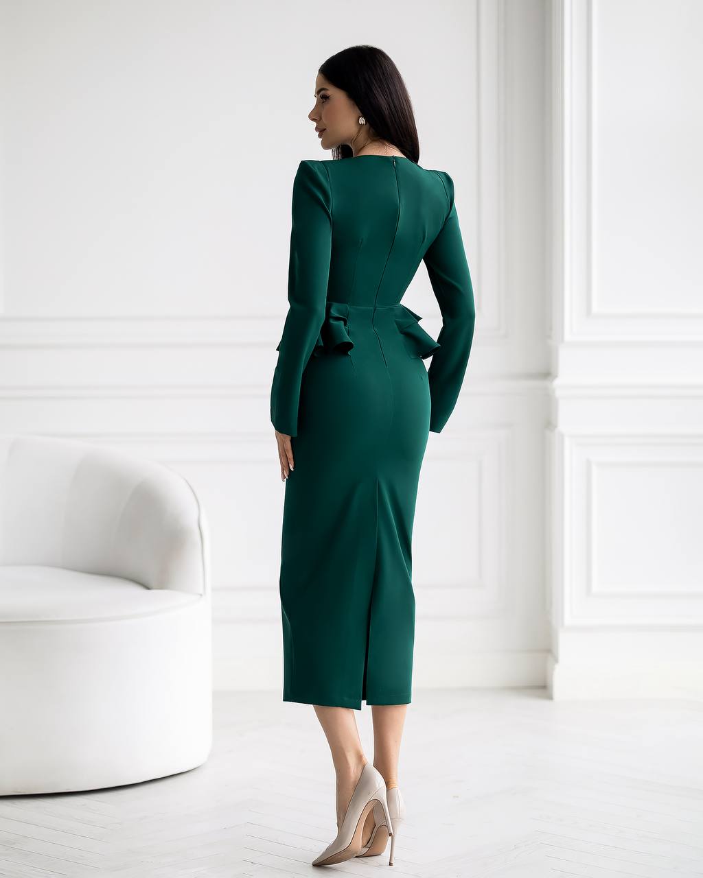 Emerald Long Sleeve Maxi Dress with Ruffle Waist Details
