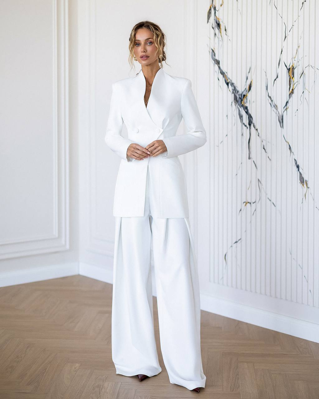 White Bridal Pantsuit with Longline Blazer and Wide Leg Pants