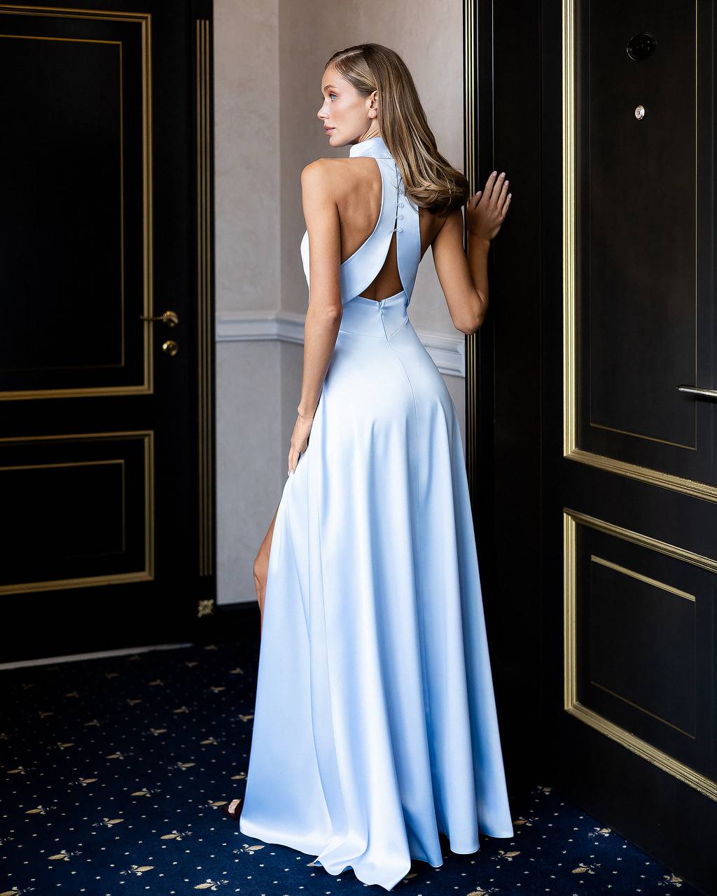 Soft Blue Halter Neck Maxi Dress with High Slit and Open Back