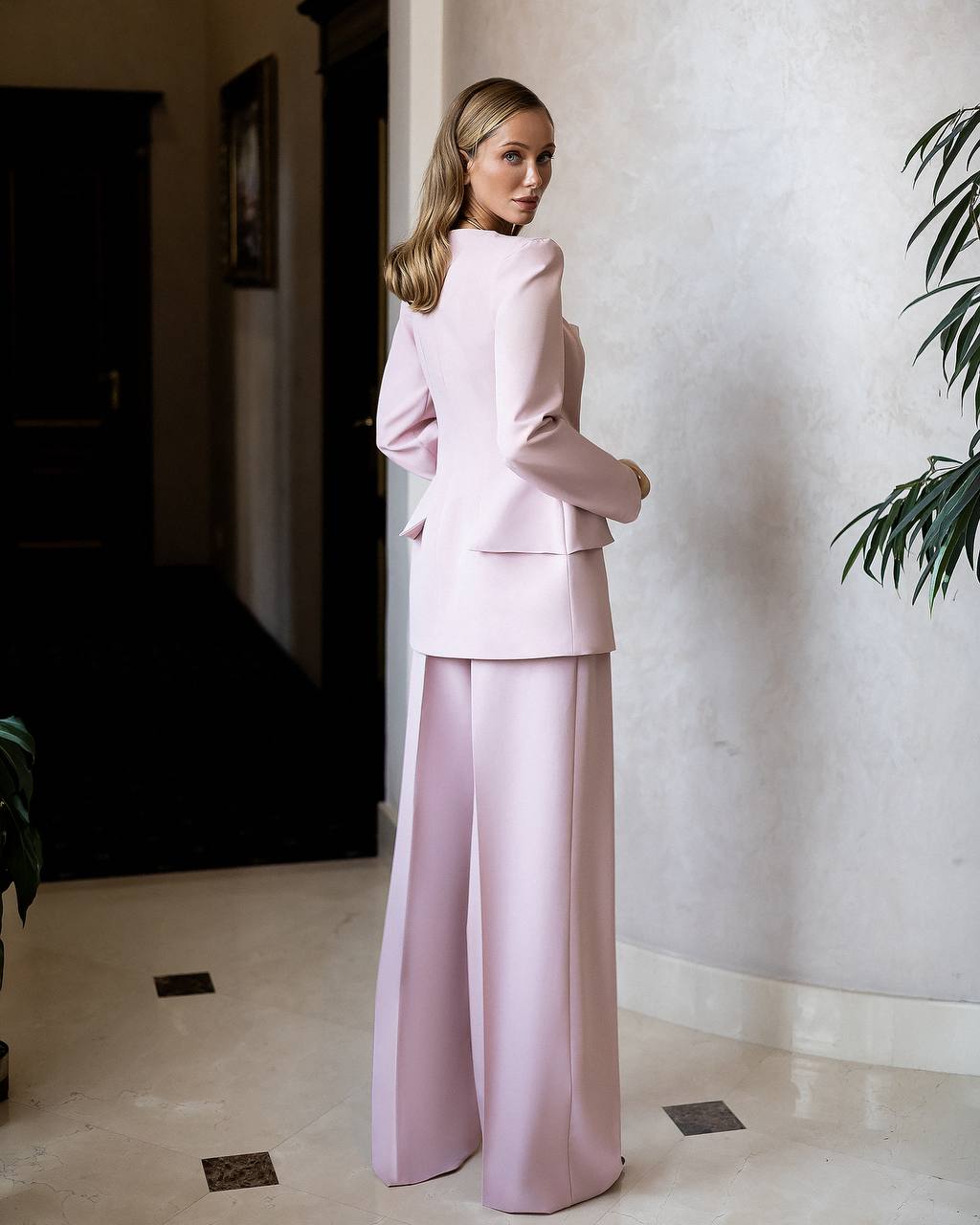 Powder Pink Two Piece Pantsuit with Wide Leg Pants