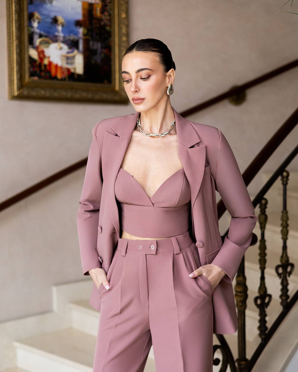Brown Three Piece Pantsuit with Wide Leg Pants and Bustier Top
