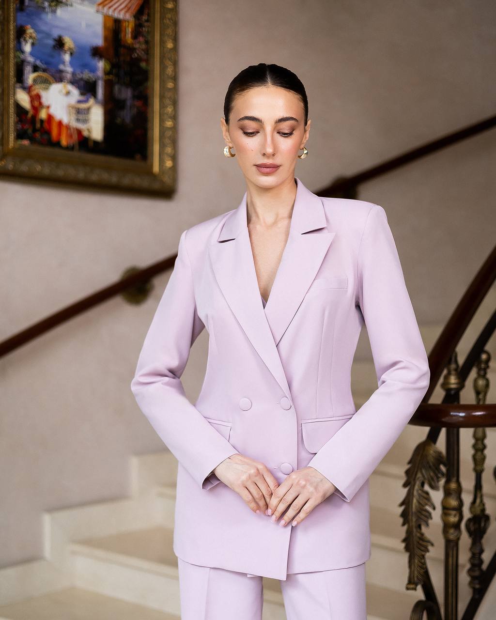Brown Three Piece Pantsuit with Wide Leg Pants and Bustier Top