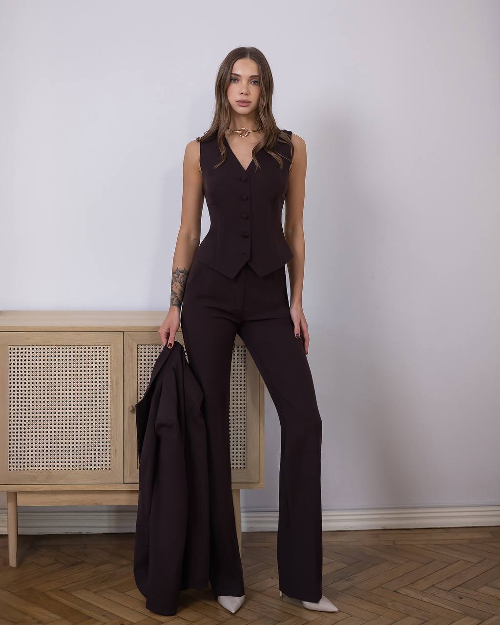 Chocolate Three Piece Suit - Tailored  Blazer+ Vest + Straight Pants