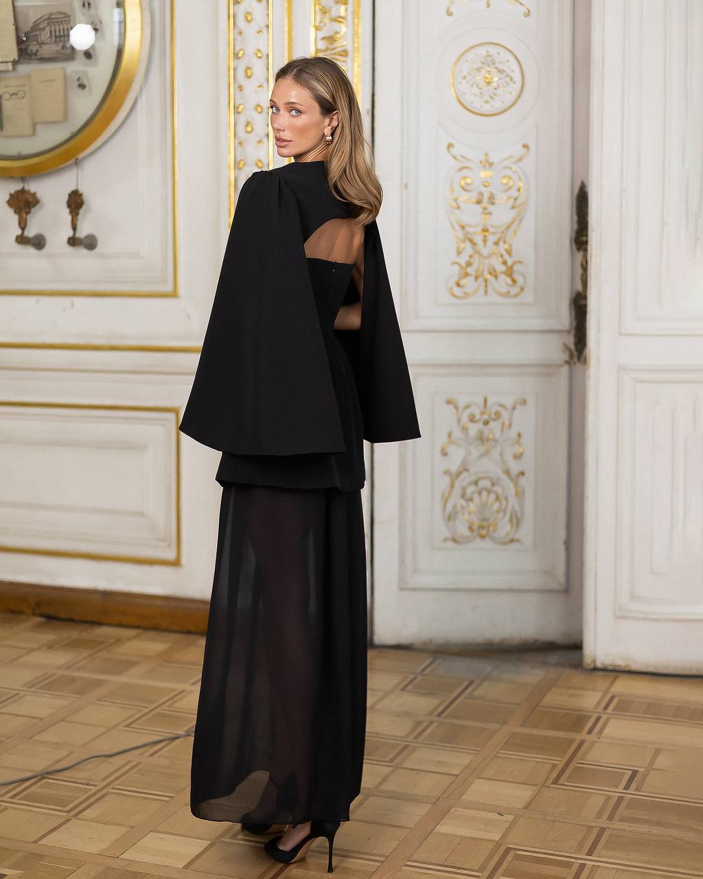 Elegant Black Three Pice Dress Set with Cape