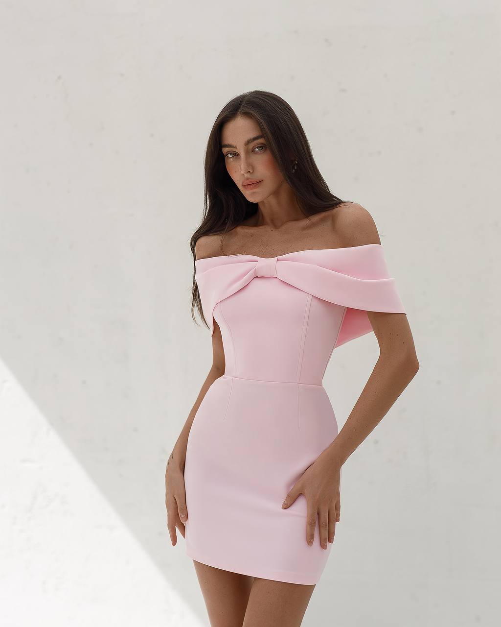 Pink Off Shoulder Corset Mini Dress with Bow Details