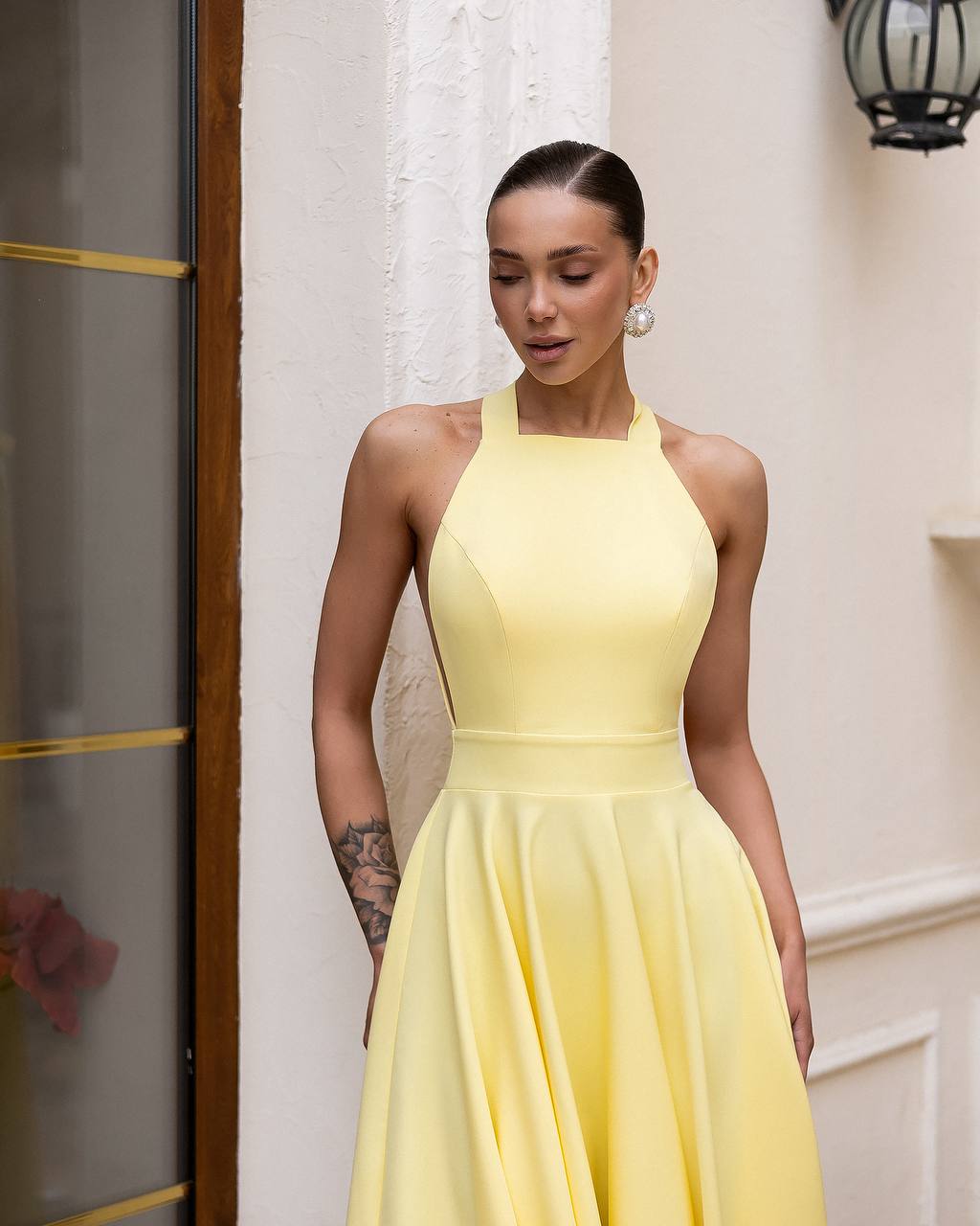 Yellow Halter Neck Midi Dress with Tie Bow Details