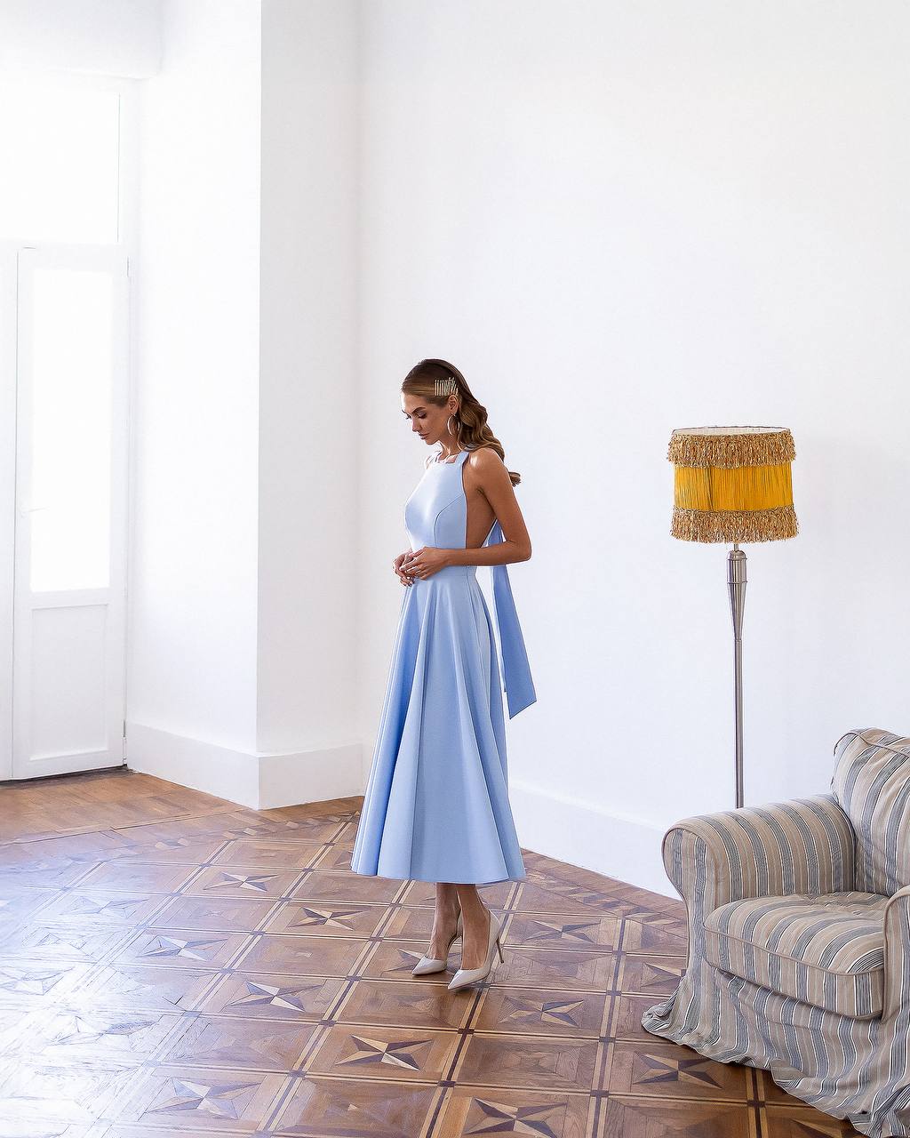 Yellow Halter Neck Midi Dress with Tie Bow Details
