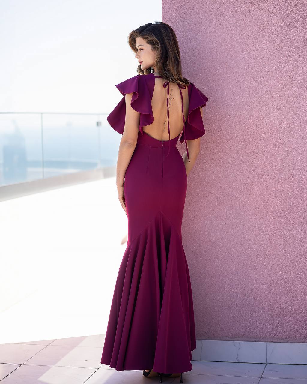 Blush Pink Ruffle Sleeve Maxi  Dress with Boat Neck and  Open Back
